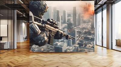 Futuristic Soldier Holding Gun in a Destroyed City. Science Fiction Background Wall mural