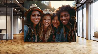 Group of Young Multiracial Friends Taking Selfie Wall mural