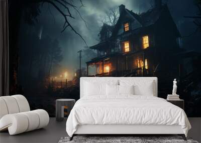 Scary House in the Forest with Spooky Trees. Horror Background Wall mural