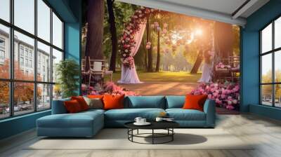 Beautiful wedding ceremony decoration photo in the garden, generated by AI Wall mural