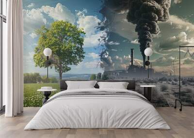 Green meadow turning into industrial wasteland showing pollution impact Wall mural