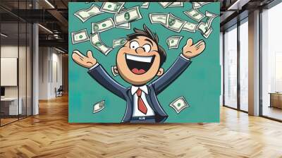 Happy businessman celebrating under a shower of money Wall mural