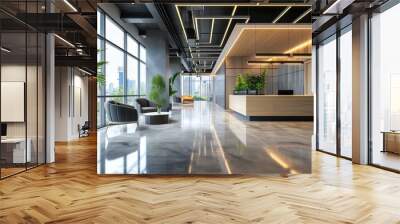 Interior of modern office waiting room with gray walls concrete floor wooden reception desk and green plants, ai generative Wall mural