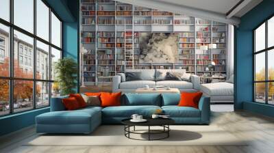 Library in the living room with a minimalist sofa, generated by AI Wall mural