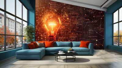 Light bulb shining on blackboard full of mathematical formulas Wall mural