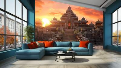 The sunset at Pura Lempuyang Luhur Temple in Bali, generated by ai Wall mural