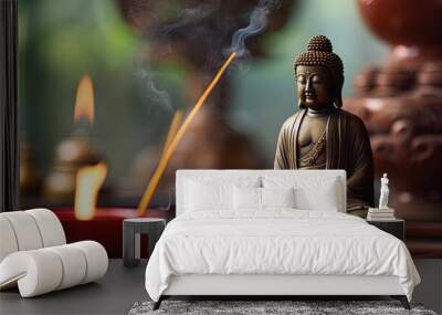 View of a Buddha statue with incense, AI generative Wall mural