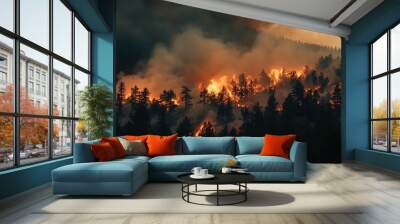 Wildfire burning through forest at night creating apocalyptic landscape Wall mural