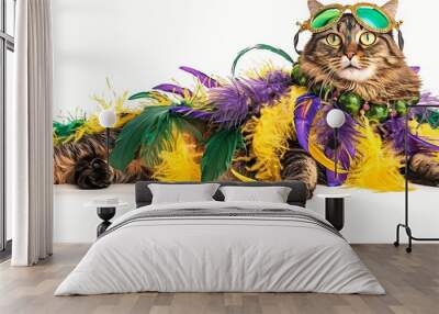 A cat wearing green and gold Mardi Gras glasses lies in a bed of colorful feathers. Wall mural