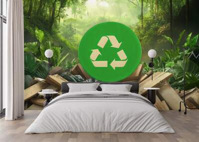 A green recycling symbol sits atop a pile of discarded materials in a lush jungle. Wall mural