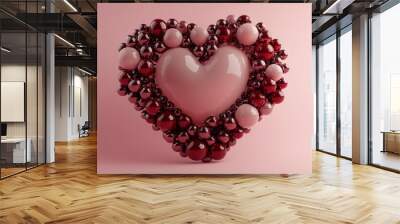 A large pink heart is surrounded by smaller red and pink spheres on a pink background. Wall mural