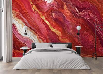 Abstract red and gold liquid art with swirling, marble texture. Wall mural