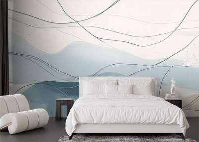 Abstract Watercolor Background with Beige, White, and Blue Tones and Black Lines. Wall mural