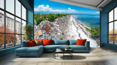 Aerial view of a beach littered with plastic and other garbage, highlighting the environmental impact of pollution. Wall mural