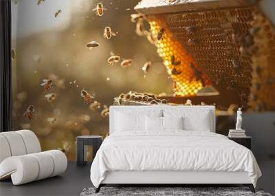 Bees swarming around a honeycomb hive in the golden light. Wall mural