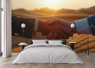 Businessmen shaking hands in the desert. Wall mural