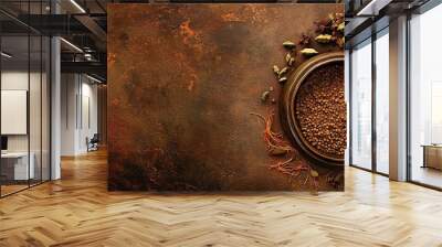 Close up of various spices in bowls on a brown textured surface. Wall mural