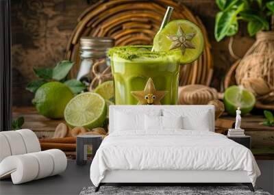 Refreshing green drink with lime and cinnamon on a rustic wooden table. Wall mural