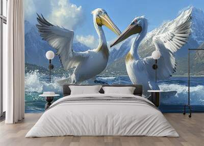 Two white pelicans with long beaks standing in the water with their wings spread out, facing each other against a mountain backdrop. Wall mural