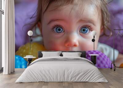 A close-up of a toddler's eyes wide with excitement as they play with a favorite toy, against a soothing purple background. Ample copy space around the eyes. Wall mural