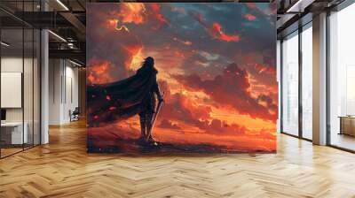 A dynamic digital painting of a warrior standing on a battlefield at sunset, with dramatic lighting casting long shadows and highlighting the intricate details of their armor. Wall mural