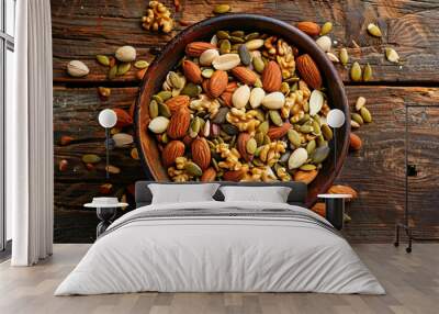 A flat lay of a bowl of mixed nuts and seeds, including almonds, walnuts, pumpkin seeds, and sunflower seeds, arranged on a rustic wooden table. Wall mural