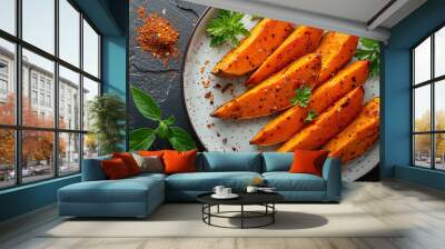 A flat lay of a large sweet potato cut into wedges, arranged with whole sweet potatoes and a sprinkle of paprika on a white ceramic plate. Wall mural