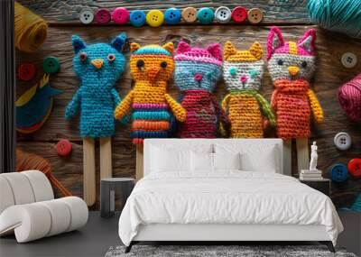 A flat lay of a set of completed popsicle stick puppets, featuring a dog, cat, and bird with colorful fabrics, buttons, and yarn Wall mural