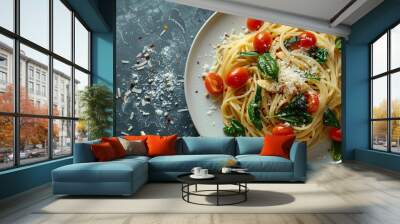 A flat lay of a whole-grain pasta dish with saut?(C)ed spinach, garlic, and cherry tomatoes, sprinkled with parmesan cheese on a white plate. Wall mural