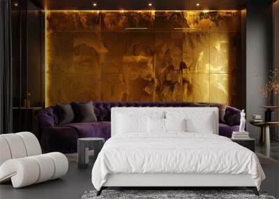 A luxurious living room with a dark purple velvet sofa against a gold leaf accent wall, providing an opulent and regal atmosphere. Wall mural