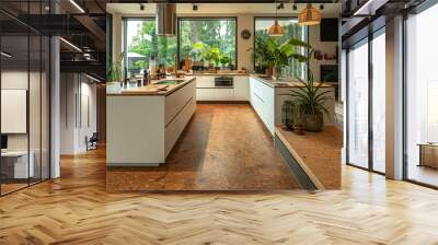 A modern kitchen with cork flooring, providing a warm and eco-friendly surface, paired with white cabinetry, a large island with a butcher block countertop, and stainless steel appliances.  Wall mural