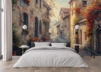 A nostalgic oil painting of an old European street, with cobblestone paths, charming buildings, and soft, muted colors evoking a sense of history and tranquility. Wall mural