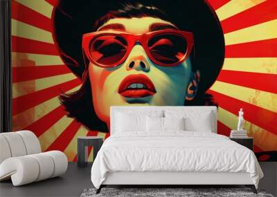 A retro-inspired pop art portrayal of a woman in sunglasses and a beret, with exaggerated features and bold, graphic shapes, capturing the essence of 1960s glamour. Wall mural