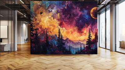 A surreal spray painting of an outer space scene, with planets, stars, and a glowing comet streaking across a deep, colorful nebula. Wall mural