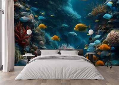 A surreal underwater world filled with exotic marine life, where colorful coral reefs and mysterious creatures come to life in a captivating 3D wallpaper. Wall mural