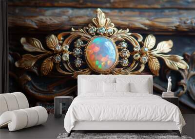 An exquisite Victorian opal brooch, with a central gemstone displaying a rainbow of colors, surrounded by delicate gold leaves, set against an antique wooden table. Wall mural