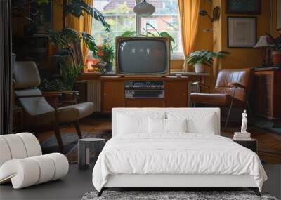 An old-fashioned wooden television set, its cathode-ray tube glowing softly with flickering black-and-white images, placed in a cozy living room adorned with vintage furniture. Wall mural