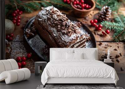 Flat lay of a rich chocolate yule log cake, topped with chocolate shavings and dusted with powdered sugar snow, surrounded by festive greenery and red berries on a wooden table. Wall mural