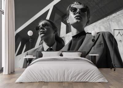 High-fashion editorial featuring models in oversized blazers with exaggerated shoulder pads, paired with avant-garde structured suits, set against a backdrop of minimalist architecture. Wall mural