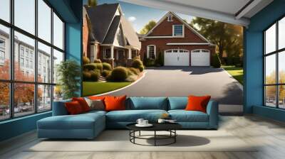 Suburban two-car garage with a blacktop driveway and a basketball hoop, set against the backdrop of a brick home in a residential suburban neighborhood lined with trees. Wall mural