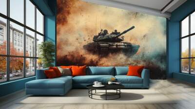 A heavily armored military tank in a warzone. Wall mural