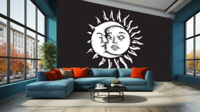 Vintage retro hand drawn mystical moon and sun magical vector art isolated on black background Wall mural