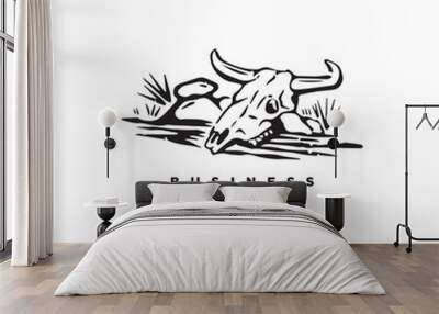 Wild west bull skull cowboy. Vintage retro western Arizona desert landscape vector Wall mural