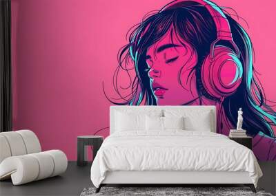 Beautiful anime girl listening to lofi hip hop music with headphones. Manga, cartoon drawing. Wall mural