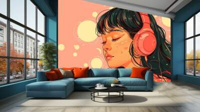 Beautiful anime girl listening to lofi hip hop music with headphones. Manga, cartoon drawing. Wall mural