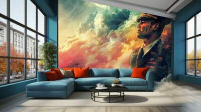 Contemplative Military Officer Amidst a Surreal Sky Wall mural