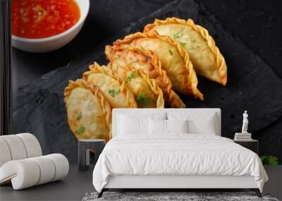 Crispy Golden Fried Pastries with Parsley and Spicy Sauce Wall mural