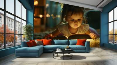 Cute children baby girl smiling and reading book Wall mural