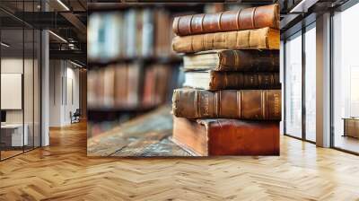 literature reading concept banner or header image with stack of antique leather bound books against a dark background Wall mural