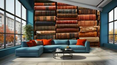 literature reading concept banner or header image with stack of antique leather bound books against a dark background Wall mural